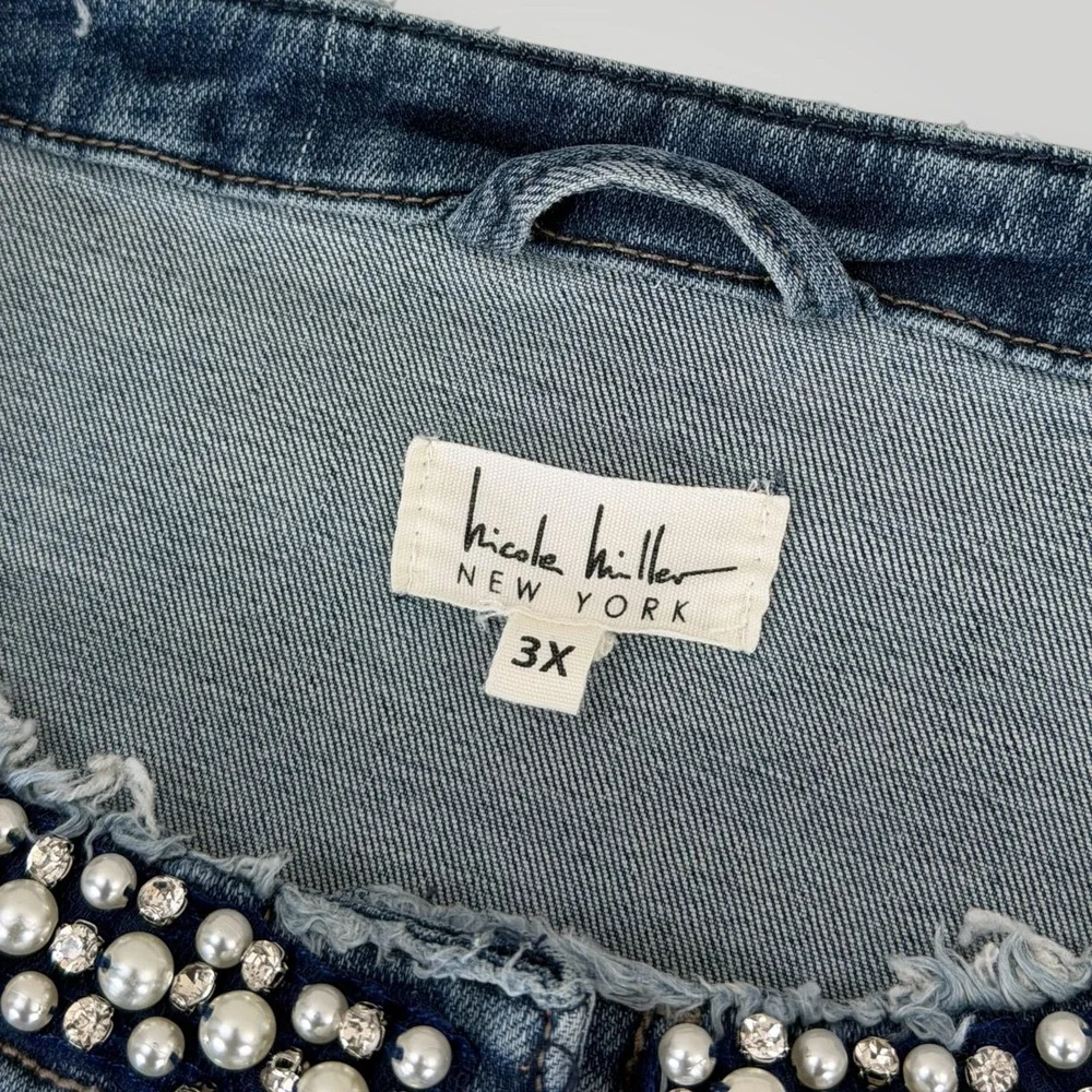 Nicole Miller Denim Jacket Womens‎ 3X Pearl Rhinestone Fringe Trim